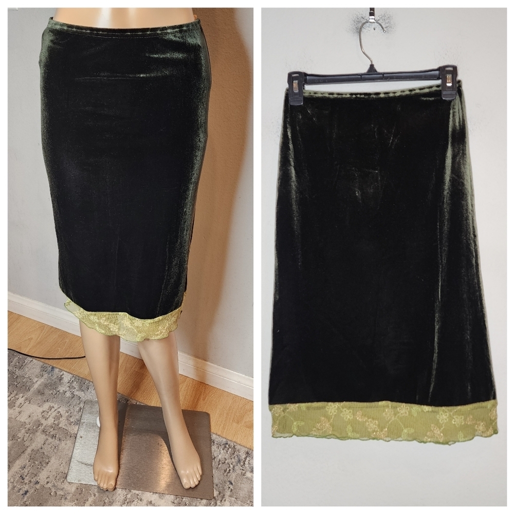 Alannah Hill Velvet Green Lace Trim Pull On Skirt Size 8 Small VTG 90s Y2k Fairy